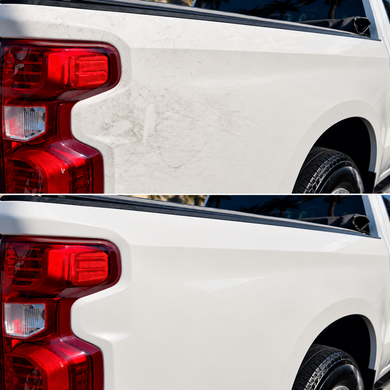 White truck paint correction comparison